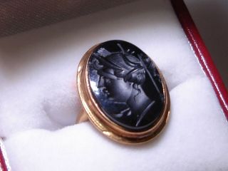 Antique Art Deco 14k Gold Reverse Carved Roman Soldier Onyx Intaglio Ring