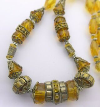 Vintage Czech Art Deco Glass Bead Necklace - Amber Glass Metal Beads