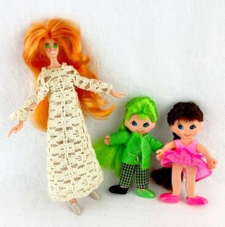 Vintage 1969 Ideal Flatsy Dolls X3 Hair Flat Bendable Hong Kong Outfit Shoes