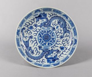 18th Chinese Antique Blue & White Porcelain Dragon Plate