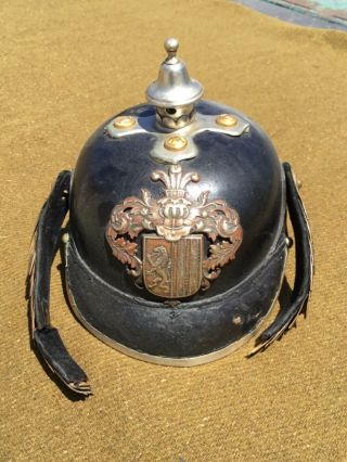 Ww1 Era Imperial German Leather Spiked Helmet With Brass Scale Chinstrap Antique