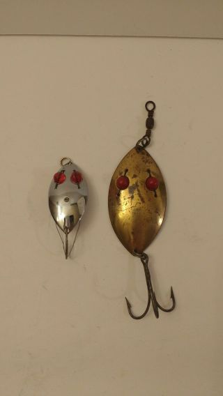 2 Vintage Fishing Lures Red Eye Spoons Silver Gold