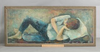 Large Signed Logan Mid - Century Expressionist Portrait Oil Painting Reclining Man