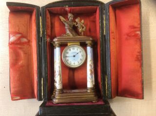 Antique French Bronze Enamel Boudoir Clock Retailed By J C Vickery