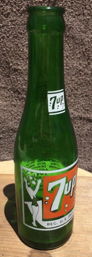 Vintage Swim Suit Girl 7 Oz.  Green 7 - Up Soda Bottle Anchorage Alaska