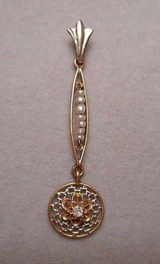 Delicate Antique Edwardian 10k Gold Tiny Diamond & Seed Pearl Lavaliere Pendant