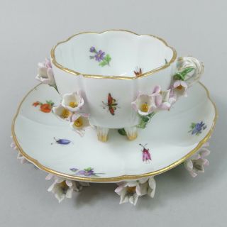 Antique Meissen Porcelain Floral Encrusted Cabinet Cup & Saucer 19th Century