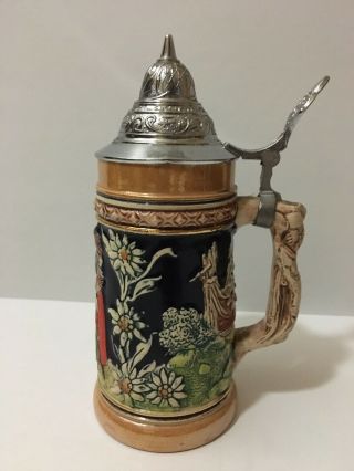 Vintage Ceramic German Stein Beer Mug Old Castle 887 - 1 1/4 Liter Pewter Lid