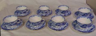 8 Antique English Royal Crown Derby Mikado Blue And White Tea Cups Saucers