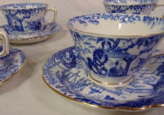 8 Antique English Royal Crown Derby Mikado Blue and White Tea Cups Saucers 2