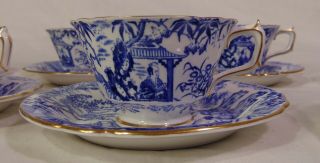 8 Antique English Royal Crown Derby Mikado Blue and White Tea Cups Saucers 3