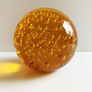 Vintage Amber Orange Blown Glass Orb Paperweight Controlled Bubble 3.  5 "