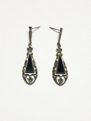 Vintage 925 Sterling Silver Marcasite Onyx 2 " Dangle Earrings