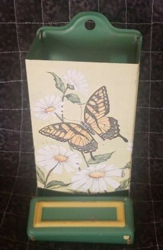 Vintage Tin Advertising Match Holder Wall Butterfly & Flowers