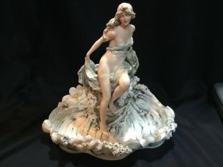 Antique Royal Dux Art Nouveau Nude Maiden Lady Nymph In Lily Pond Centerpiece
