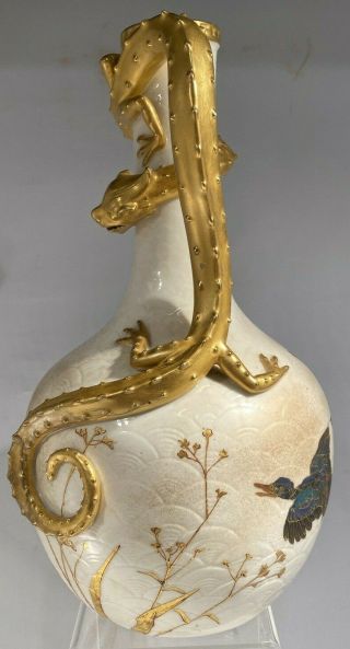 Antique Porcelain Royal Worcester Ewer Pitcher Ducks & Gilt Serpent Handle