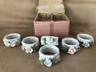 Vintage Porcelain Floral Napkin Rings Holders Set Of 6 Spring Easter Table Decor