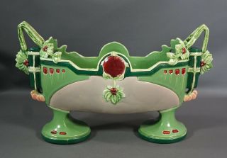 Antique Austrian EICHWALD Art Nouveau Majolica Pottery Handle Bowl Flower Pot 2