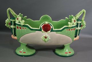Antique Austrian EICHWALD Art Nouveau Majolica Pottery Handle Bowl Flower Pot 3