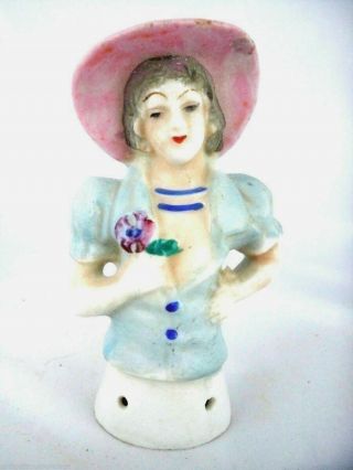 Vintage Porcelain Half Doll Pincushion Doll Or Powder Puff Made In Japan