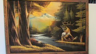 Vtg Black Velvet Elk & Mountain Scenery Painting W/ Carved Wood Framed 27 X 39 "