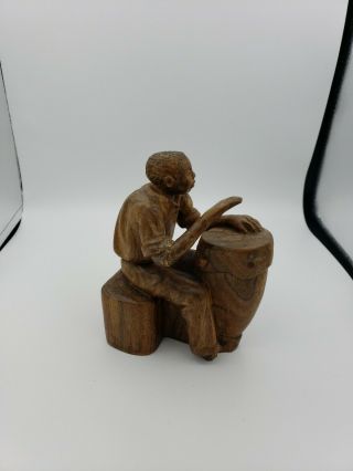 Vtg Hand Carved Wood Figure Of Man Playing Drums 6.  5 " T By 5 " W