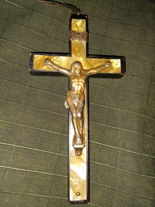 Antique Vintage Wooden Celluloid Brass Jesus On Cross
