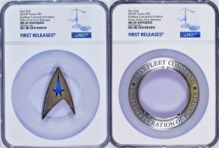 2 - Coin - Set 2019 Star Trek Starfleet Command Emblem Antiqued Silver $1$2 3oz Ms69