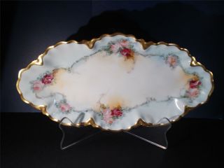 Vintage Limoges France Large Oval,  Scalloped Plate Red Pink Roses Hand Painted