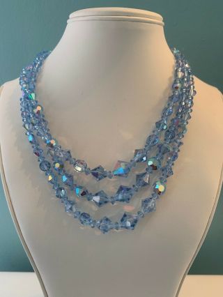 Vintage Blue Ab Crystal Triple Strand Necklace Jewelry Kk19