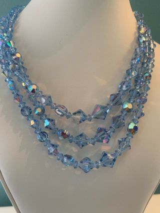 Vintage Blue AB Crystal Triple Strand Necklace Jewelry KK19 2