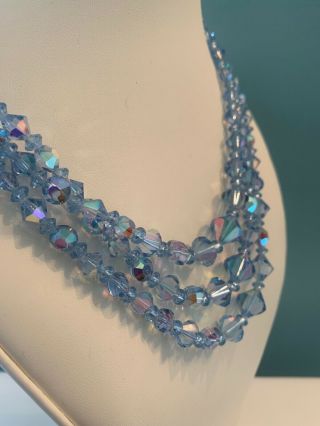 Vintage Blue AB Crystal Triple Strand Necklace Jewelry KK19 3