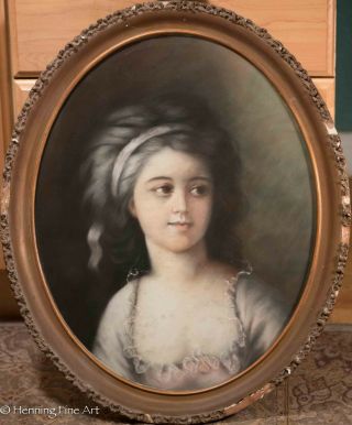Antique Victorian Pastel Portrait Painting,  Young Woman In Dress,