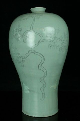 Feb231 Korean Goryeo Celadon Porcelain Meiping Vase White Inlaid Crane H48cm