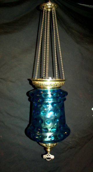 Large Antique Miller Hanging Hall Oil Lamp (blue Bullseye Shade)
