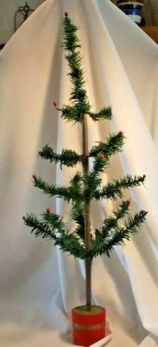 2 Ft.  Antique German Feather Tree With Red Paint W Gold Stripe Base