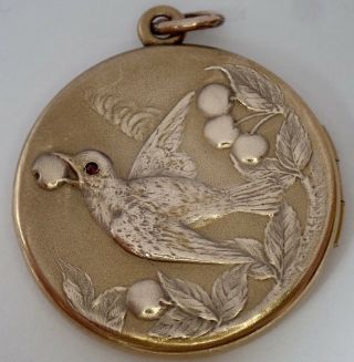 Rare Antique Victorian Edwardian Gold Filled Garnet Bird & Cherry Tree Locket