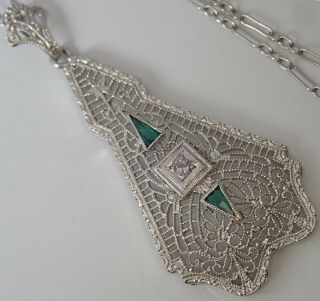 Antique Art Deco 10k White Gold Filigree Diamond Emerald Paste Pendant Necklace