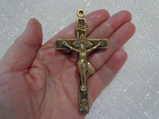 Vintage Antique Brass Wood Cross Crucifix Religious Rosary Pendant Crossbones