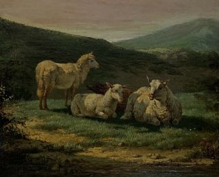Antique 19th Century Sheep Pastoral Landscape Oil Painting