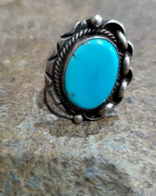 Vintage Sterling Silver / Turquoise Ladies Navajo Ring Size 7 - 1/4