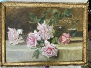 Victorian Antique Pink Rose Roses Floral Still Life Oil Painting Framed