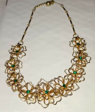 Vintage Art Deco Green Rhinestone Gold Tone Flower Necklace 14 "