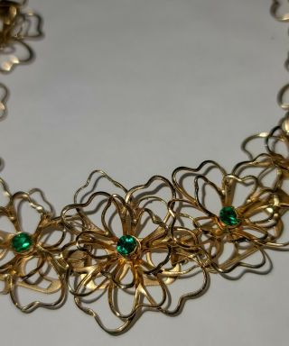 Vintage Art Deco Green Rhinestone Gold Tone Flower Necklace 14 