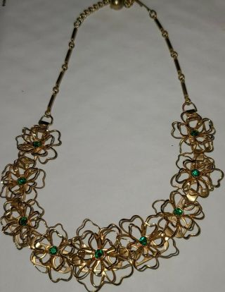 Vintage Art Deco Green Rhinestone Gold Tone Flower Necklace 14 