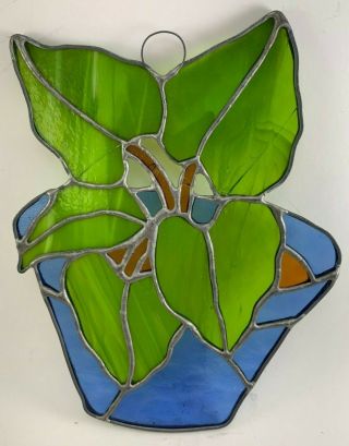 Vintage Stained Glass Blue & Green Planter Suncatcher Great Colors Well Made