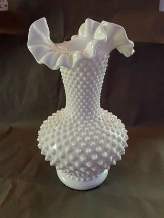 Fenton Vintage White Milk Glass Hobnail Ruffled Top Large Vase