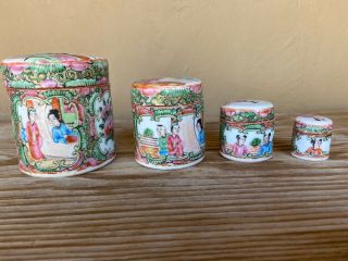 Antique Chinese Rose Medallion Porcelain Hand Painted Canister Jars W Lids