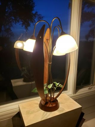 Kitsch Vtg Danish Mid Century Modern Walnut Wood Brass Tulip Table Lamp Eames