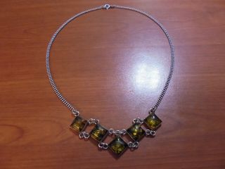Vtg Sterling Silver Ball Chain Real Green Amber Link Necklace 19.  5 " 13.  6 Grams